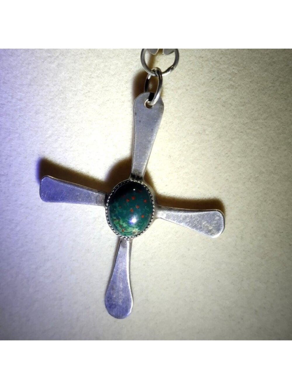 Necklace Bloodstone Hand Forge Vintage Sterling Silver Cross Saw Bezel Bone Link